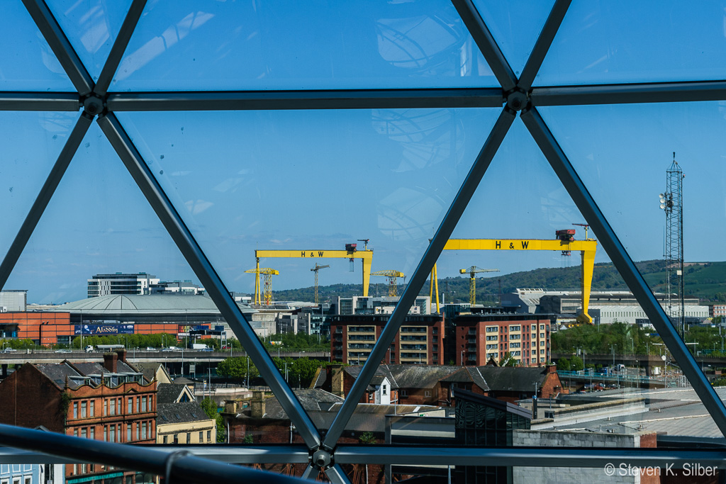 Two huge cranes in the ship yard dubbed Samson and Goliath, seen from Victoria Square observation deck. (1/320 sec at f / 9.0,  ISO 100,  55 mm, 18.0-55.0 mm f/3.5-5.6 ) May 05, 2017
